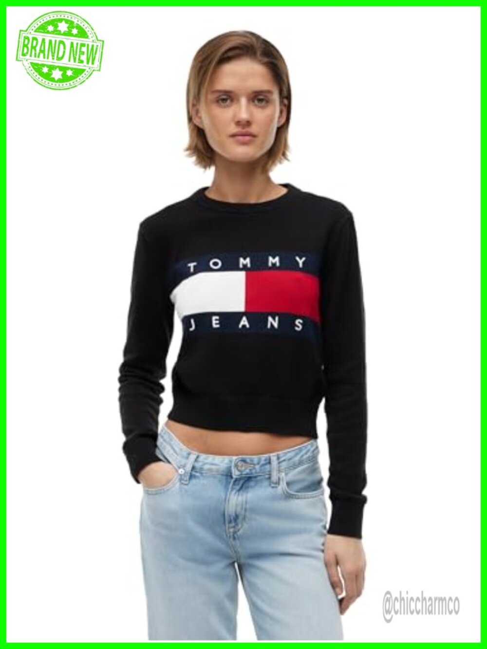 Medium Weight Long Sleeve Pullover Crewneck Sweater with Flag Logo